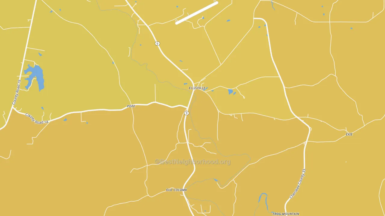 Map of the best neighborhoods in the Ellisville area, with better matches in green and worse matches in red