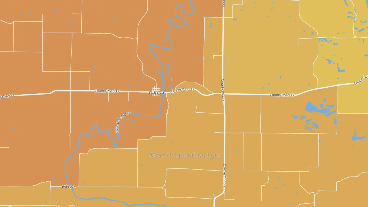Map of the best neighborhoods in the Ellisville area, with better matches in green and worse matches in red