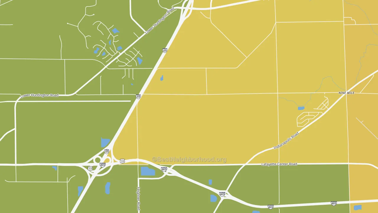 Map of the best neighborhoods in the Ellisville area, with better matches in green and worse matches in red