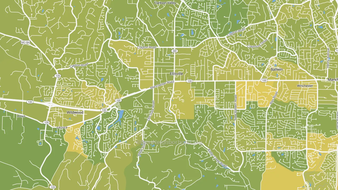 Map of the best neighborhoods in the Ellisville area, with better matches in green and worse matches in red
