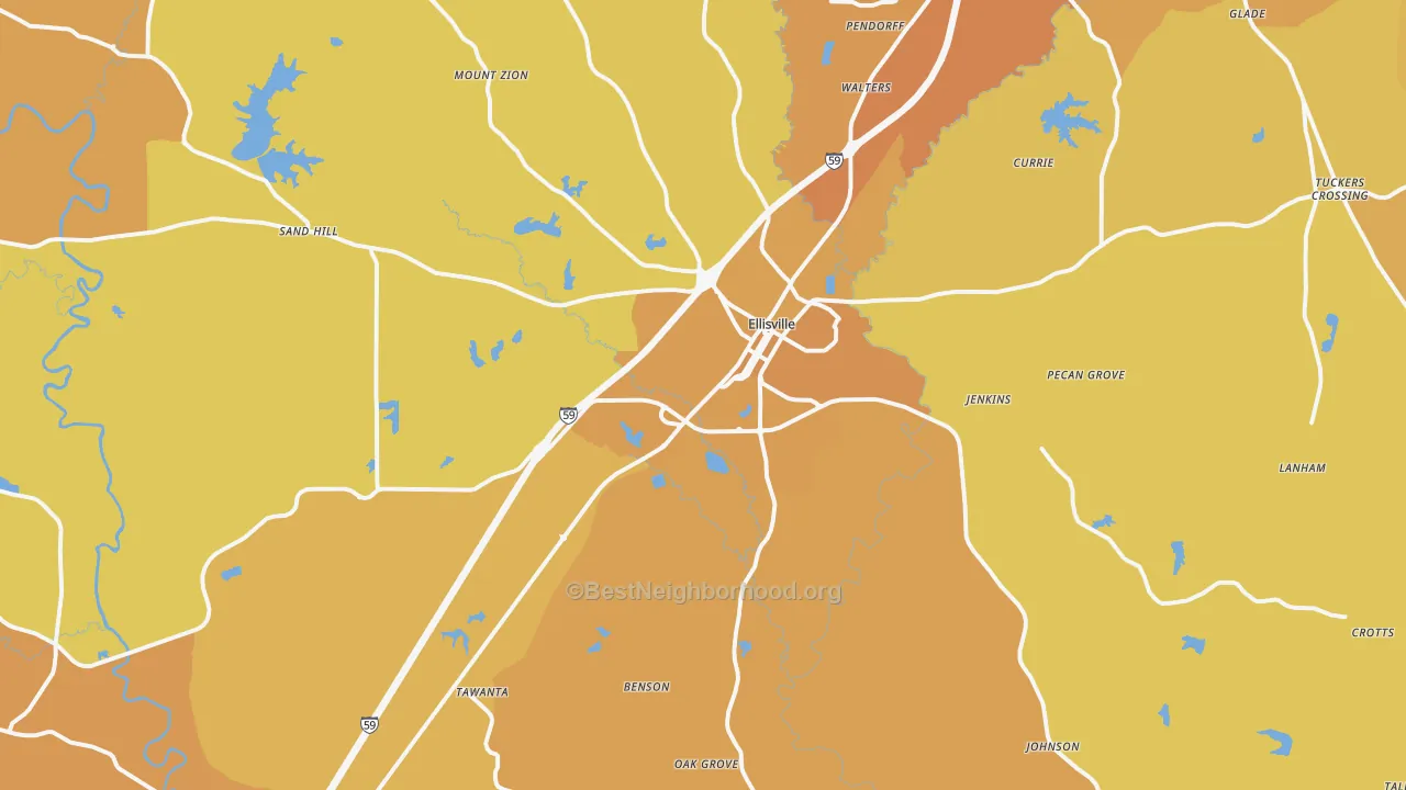 Map of the best neighborhoods in the Ellisville area, with better matches in green and worse matches in red