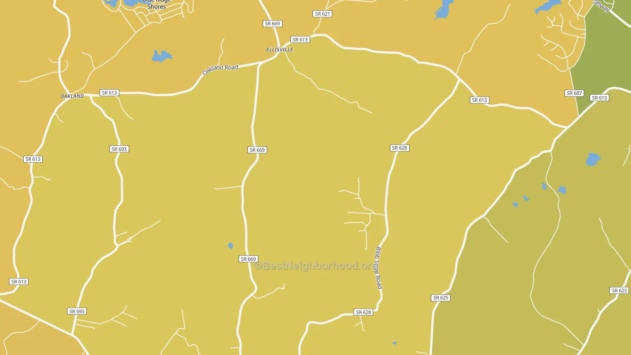 Map of the best neighborhoods in the Ellisville area, with better matches in green and worse matches in red