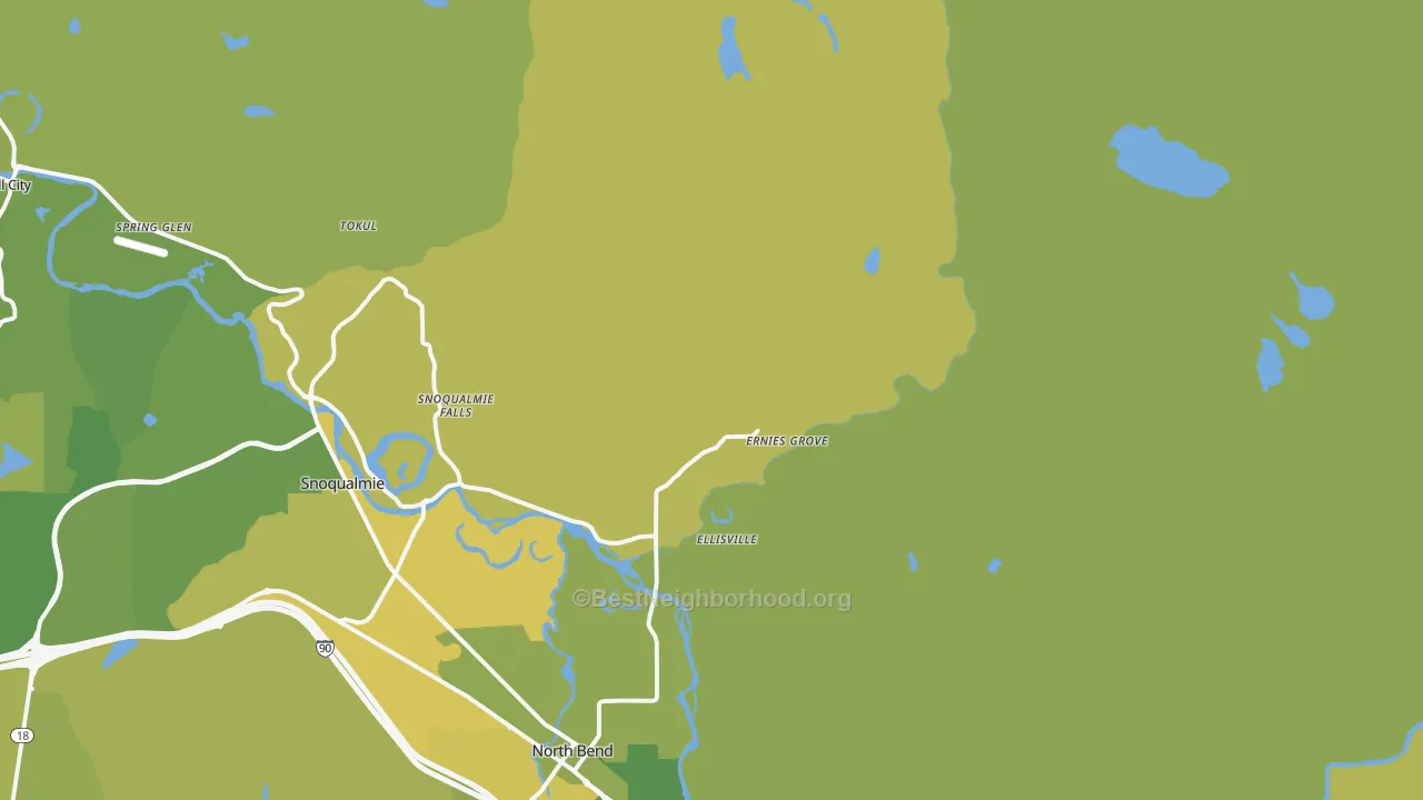 Map of the best neighborhoods in the Ellisville area, with better matches in green and worse matches in red