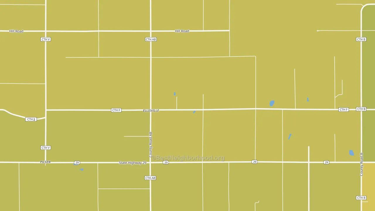 Map of the best neighborhoods in the Ellisville area, with better matches in green and worse matches in red