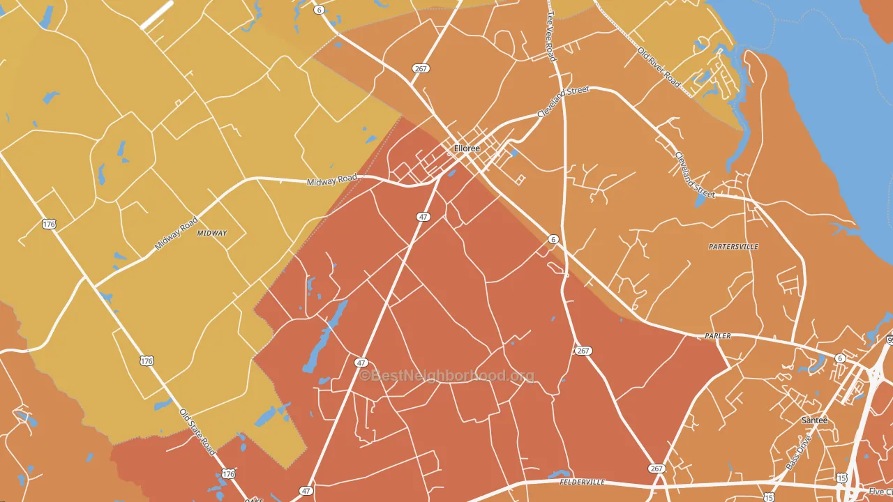 Map of the best neighborhoods in the Elloree area, with better matches in green and worse matches in red