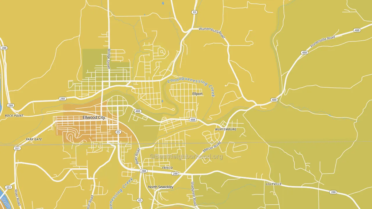 Map of the best neighborhoods in the Ellport area, with better matches in green and worse matches in red