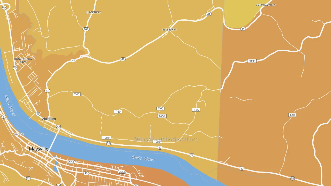 Map of the best neighborhoods in the Ellsberry area, with better matches in green and worse matches in red