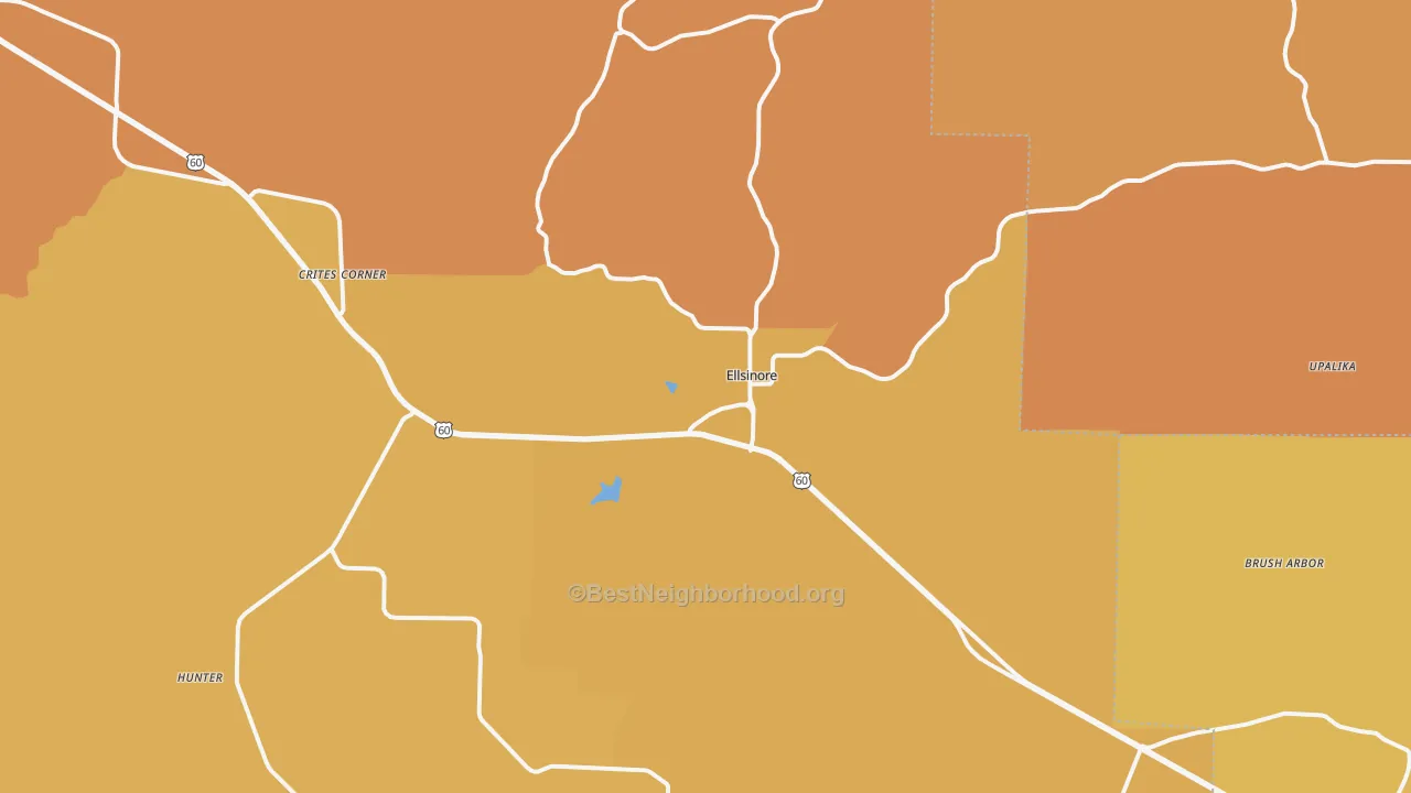 Map of the best neighborhoods in the Ellsinore area, with better matches in green and worse matches in red