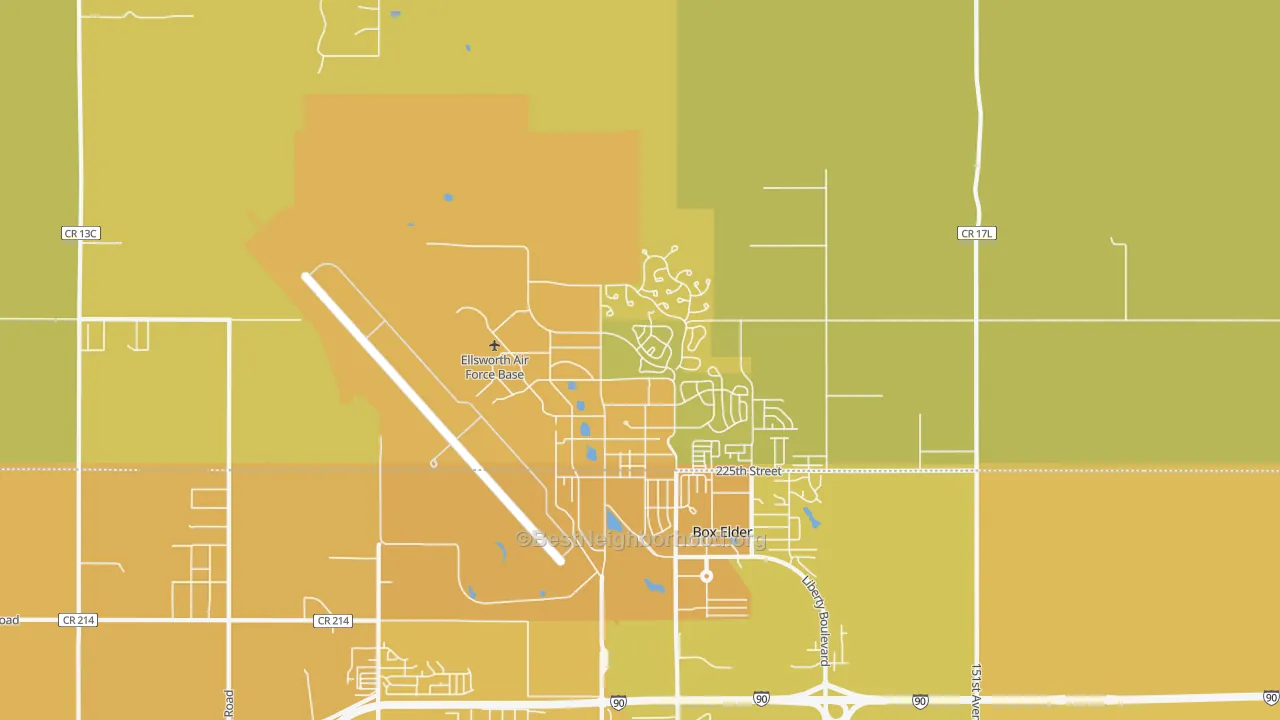 Map of the best neighborhoods in the Ellsworth Afb area, with better matches in green and worse matches in red