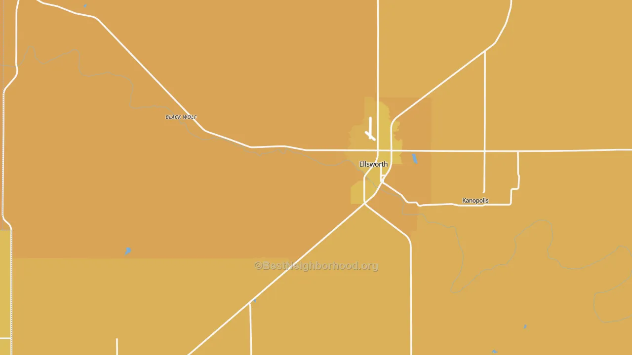 Map of the best neighborhoods in the Ellsworth County area, with better matches in green and worse matches in red