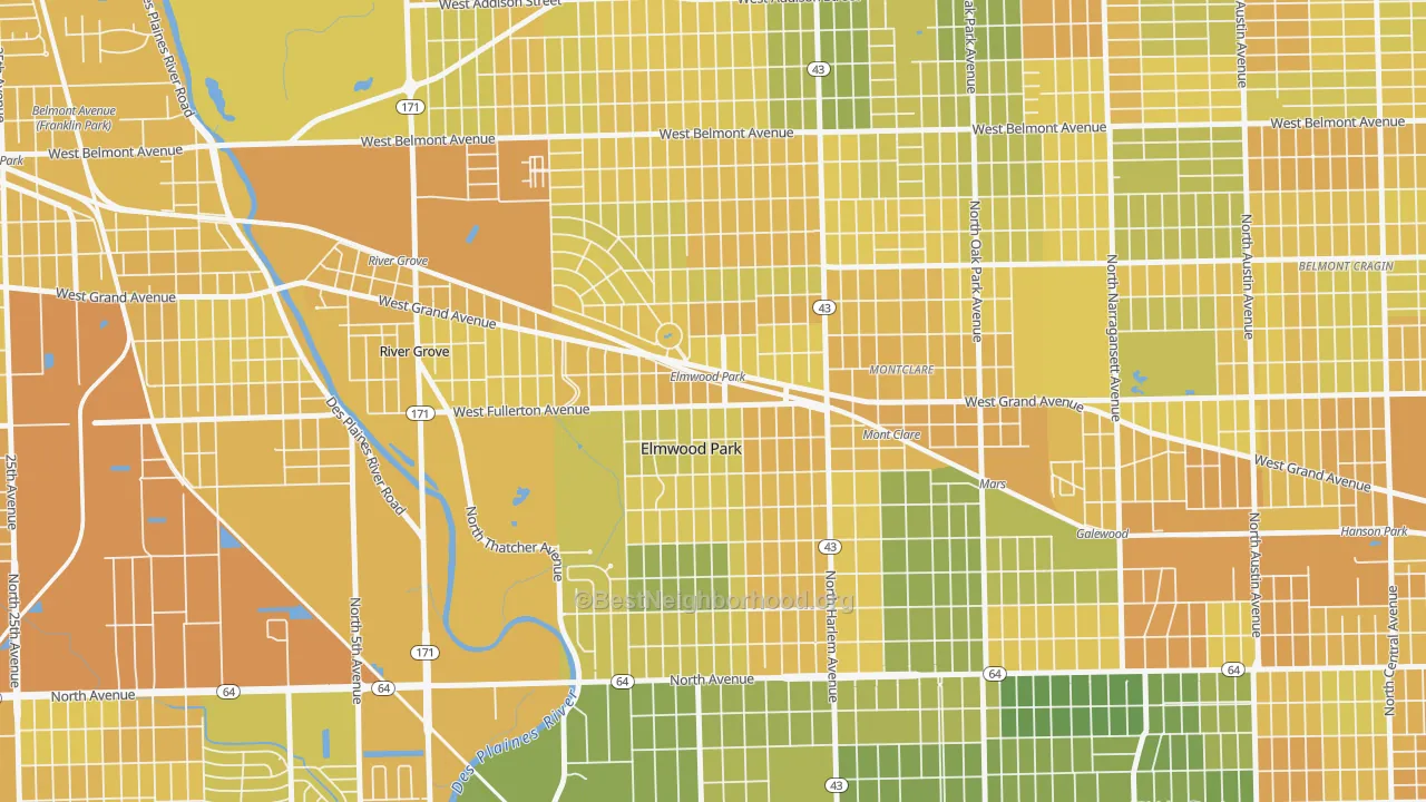 Map of the best neighborhoods in the Ellsworth, Elmwood Park area, with better matches in green and worse matches in red