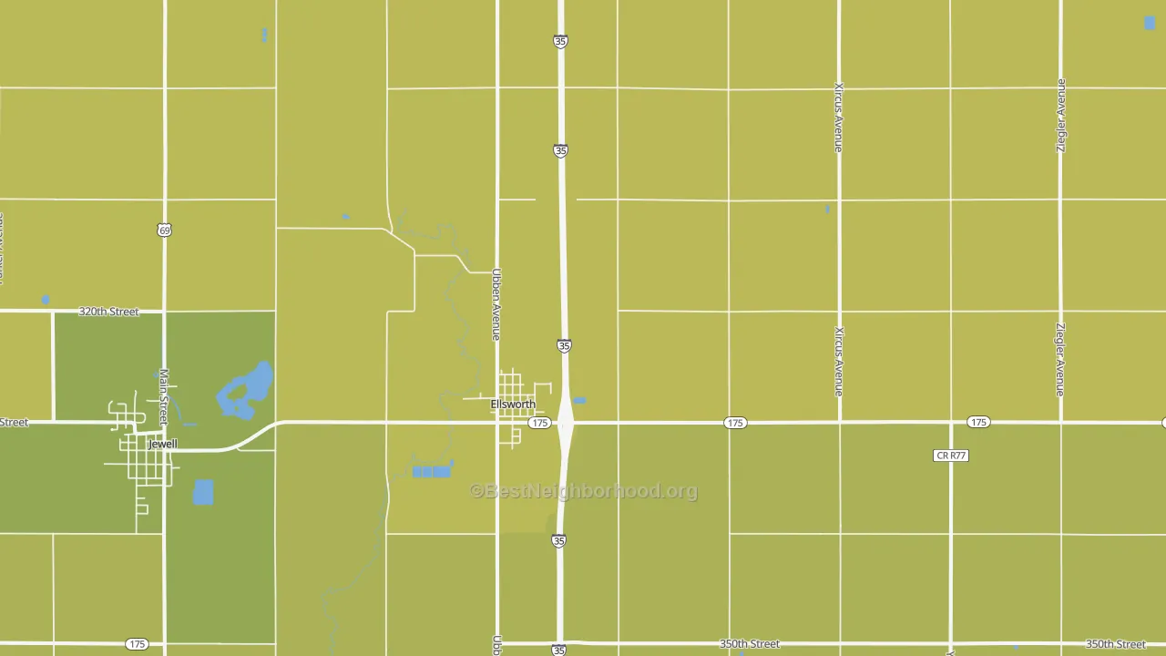 Map of the best neighborhoods in the Ellsworth area, with better matches in green and worse matches in red