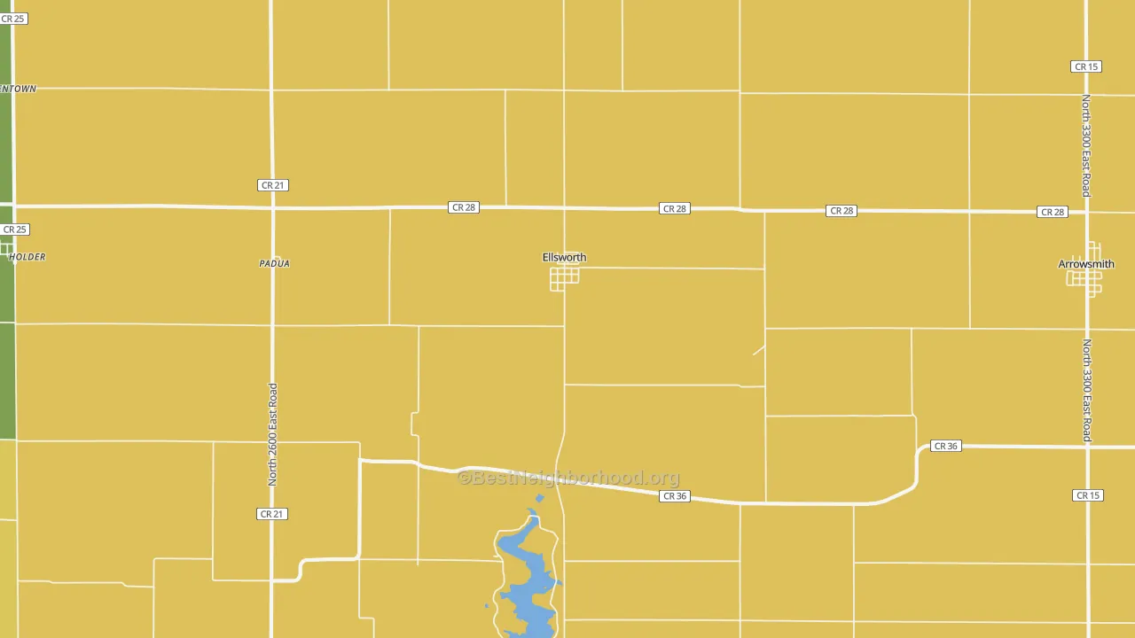 Map of the best neighborhoods in the Ellsworth area, with better matches in green and worse matches in red