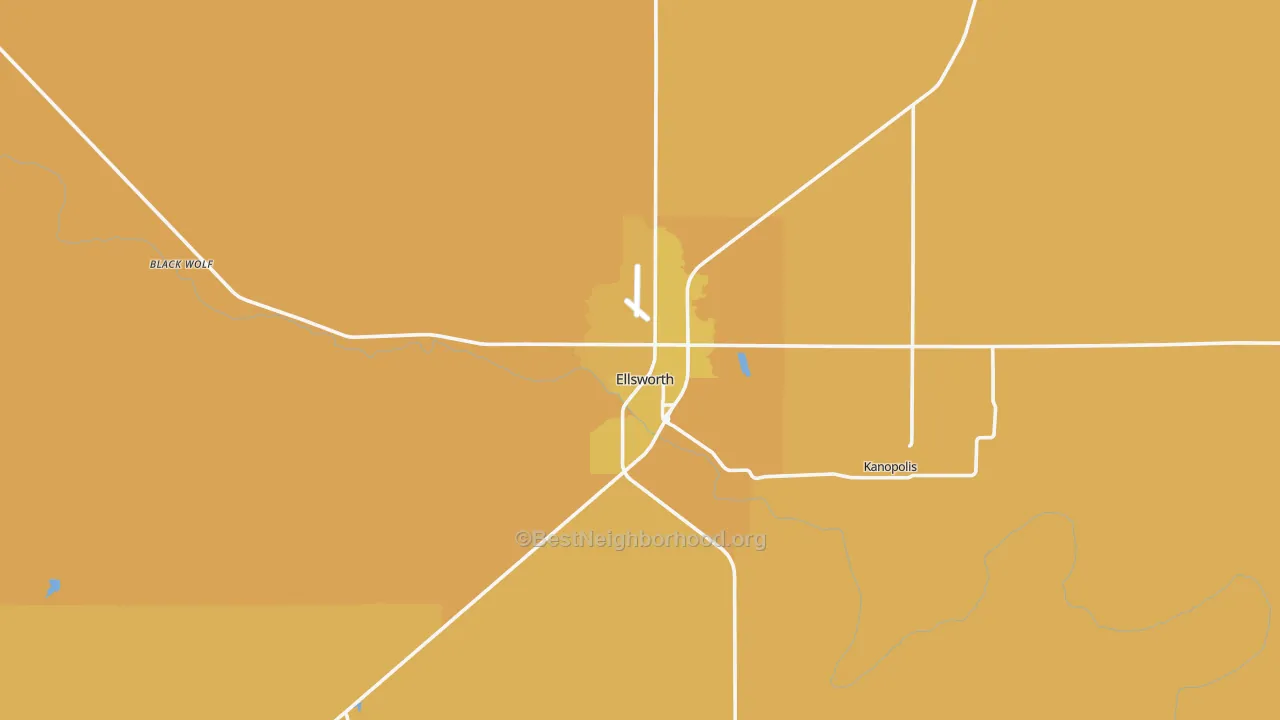 Map of the best neighborhoods in the Ellsworth area, with better matches in green and worse matches in red