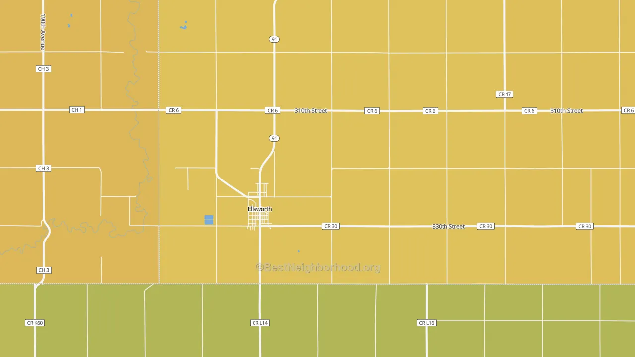 Map of the best neighborhoods in the Ellsworth area, with better matches in green and worse matches in red