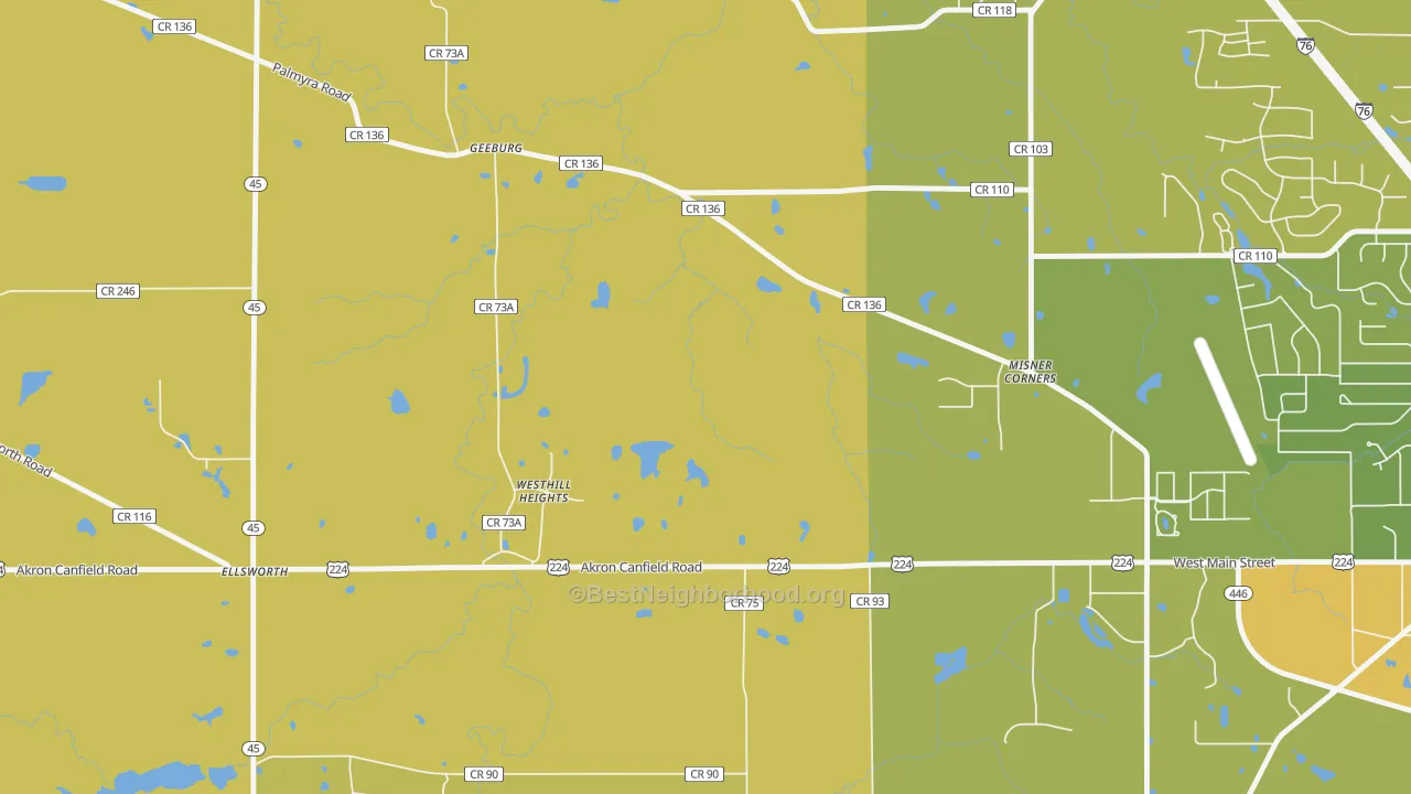 Map of the best neighborhoods in the Ellsworth area, with better matches in green and worse matches in red