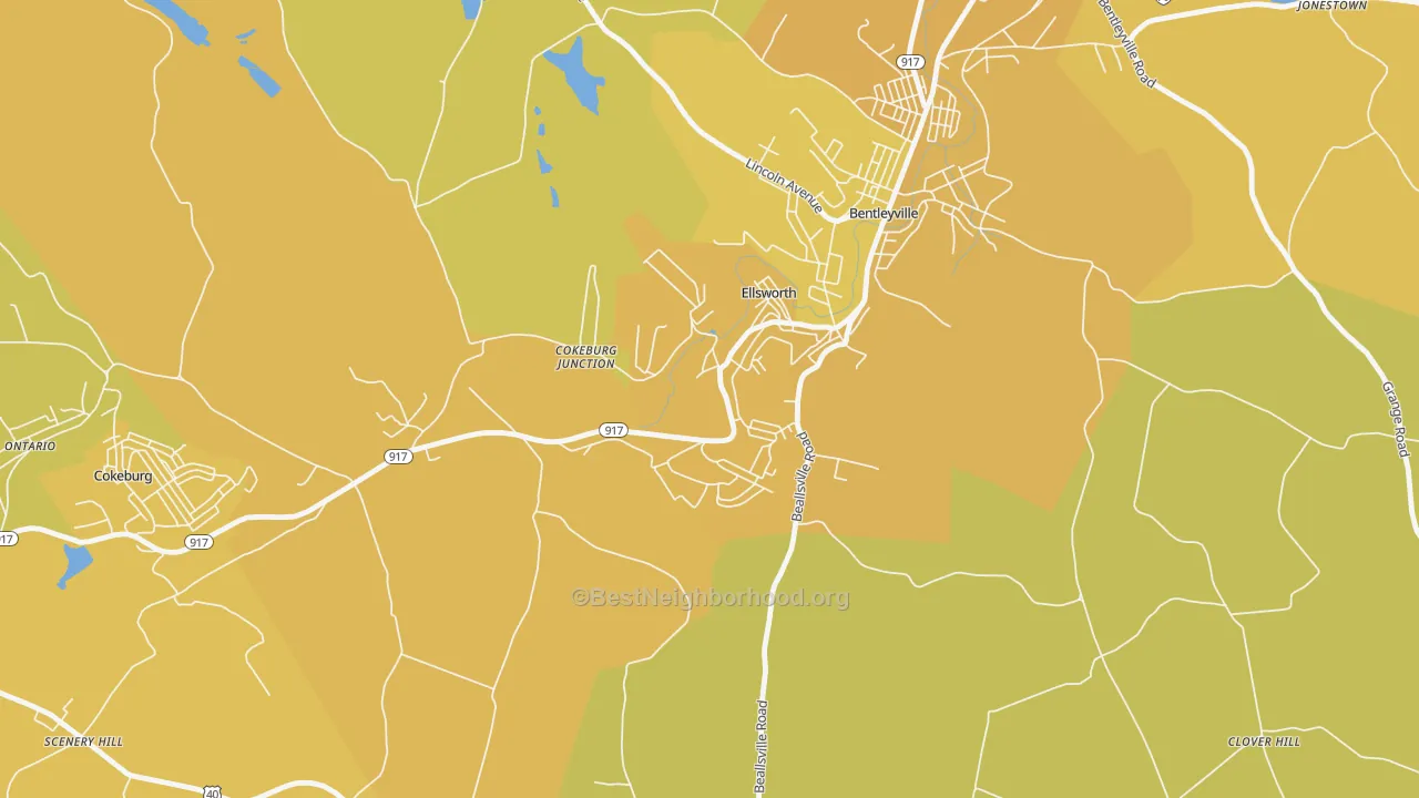Map of the best neighborhoods in the Ellsworth area, with better matches in green and worse matches in red