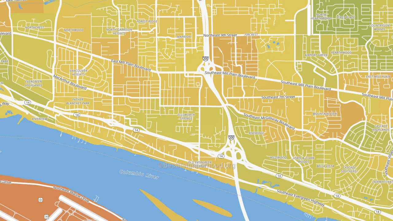 Map of the best neighborhoods in the Ellsworth Springs, Vancouver area, with better matches in green and worse matches in red
