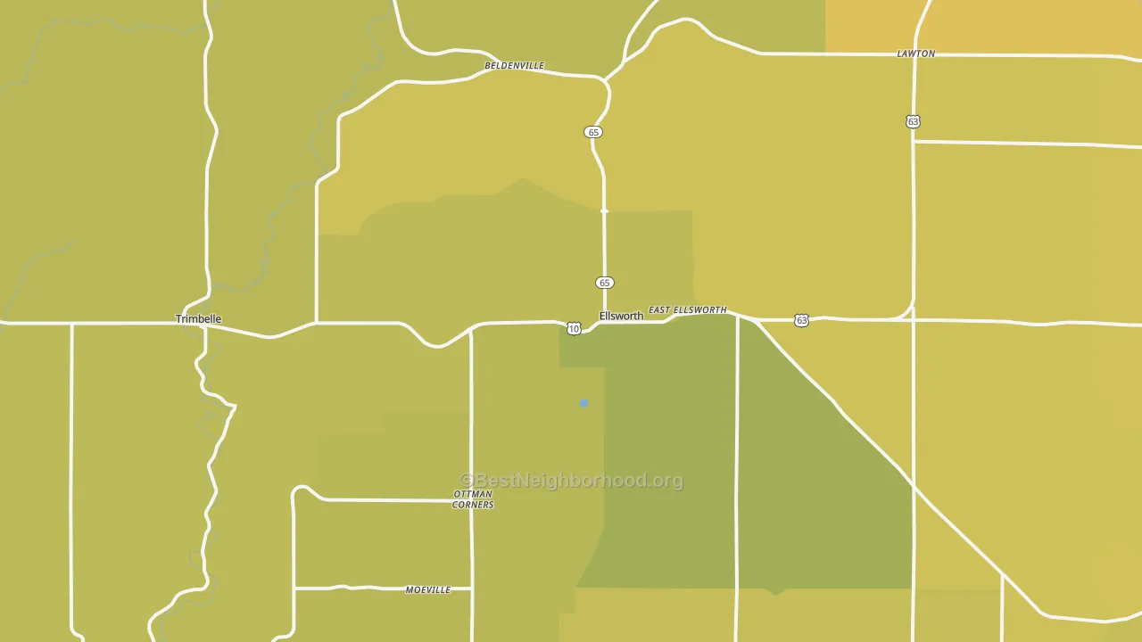 Map of the best neighborhoods in the Ellsworth area, with better matches in green and worse matches in red
