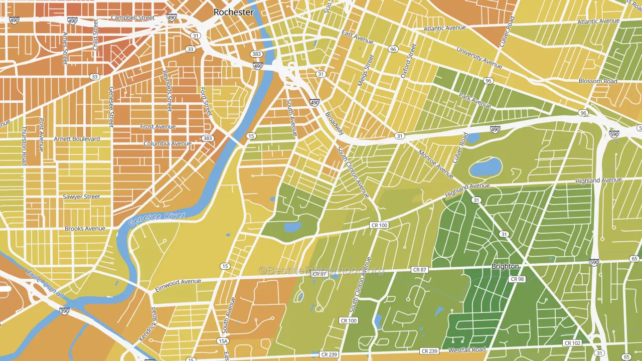 Map of the best neighborhoods in the Ellwanger-Barry, Rochester area, with better matches in green and worse matches in red