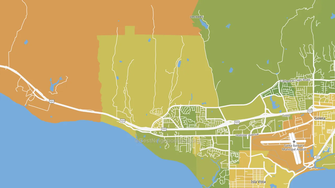 Map of the best neighborhoods in the Ellwood area, with better matches in green and worse matches in red