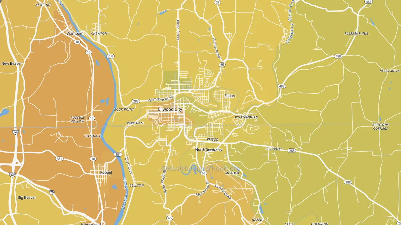Map of the best neighborhoods in the Ellwood City area, with better matches in green and worse matches in red