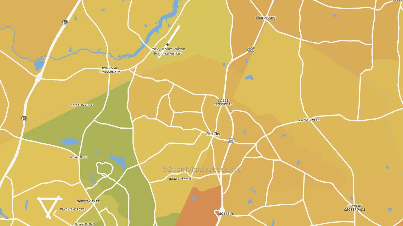Map of the best neighborhoods in the Elm City area, with better matches in green and worse matches in red