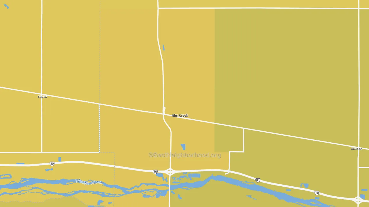 Map of the best neighborhoods in the Elm Creek area, with better matches in green and worse matches in red