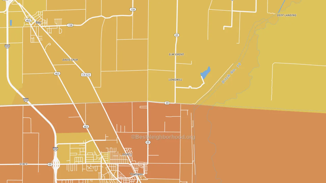 Map of the best neighborhoods in the Elm Grove area, with better matches in green and worse matches in red