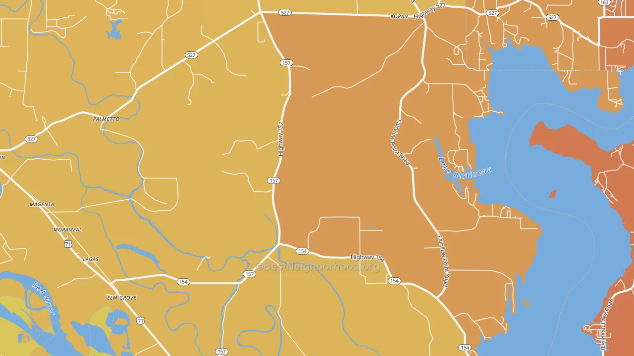 Map of the best neighborhoods in the Elm Grove area, with better matches in green and worse matches in red