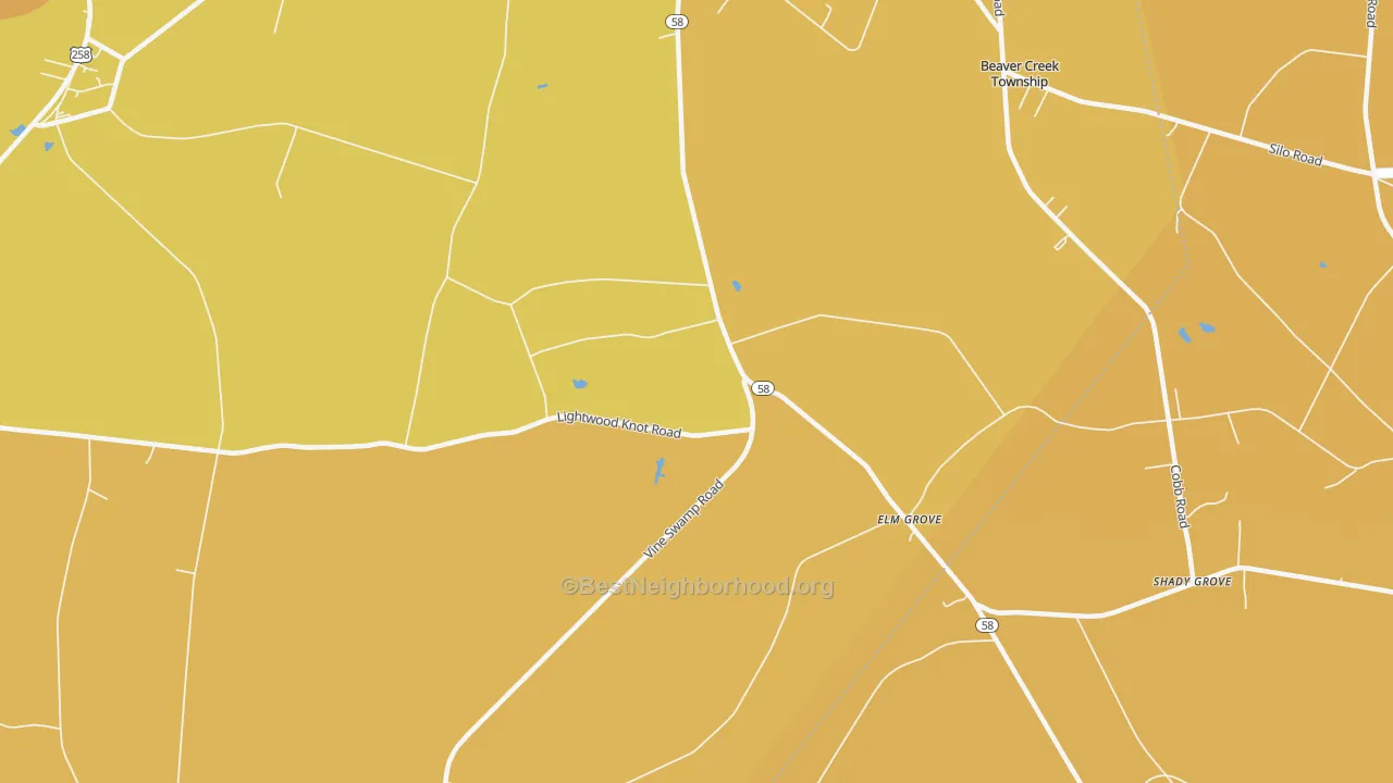 Map of the best neighborhoods in the Elm Grove area, with better matches in green and worse matches in red
