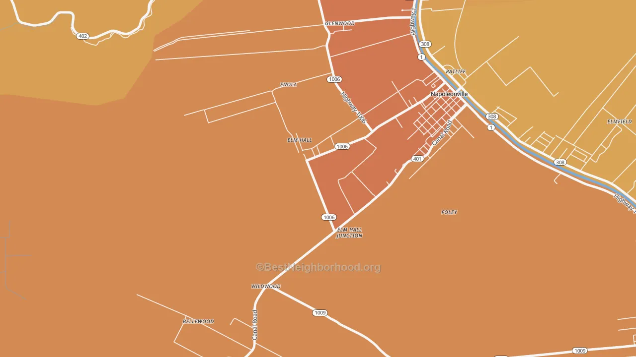 Map of the best neighborhoods in the Elm Hall area, with better matches in green and worse matches in red