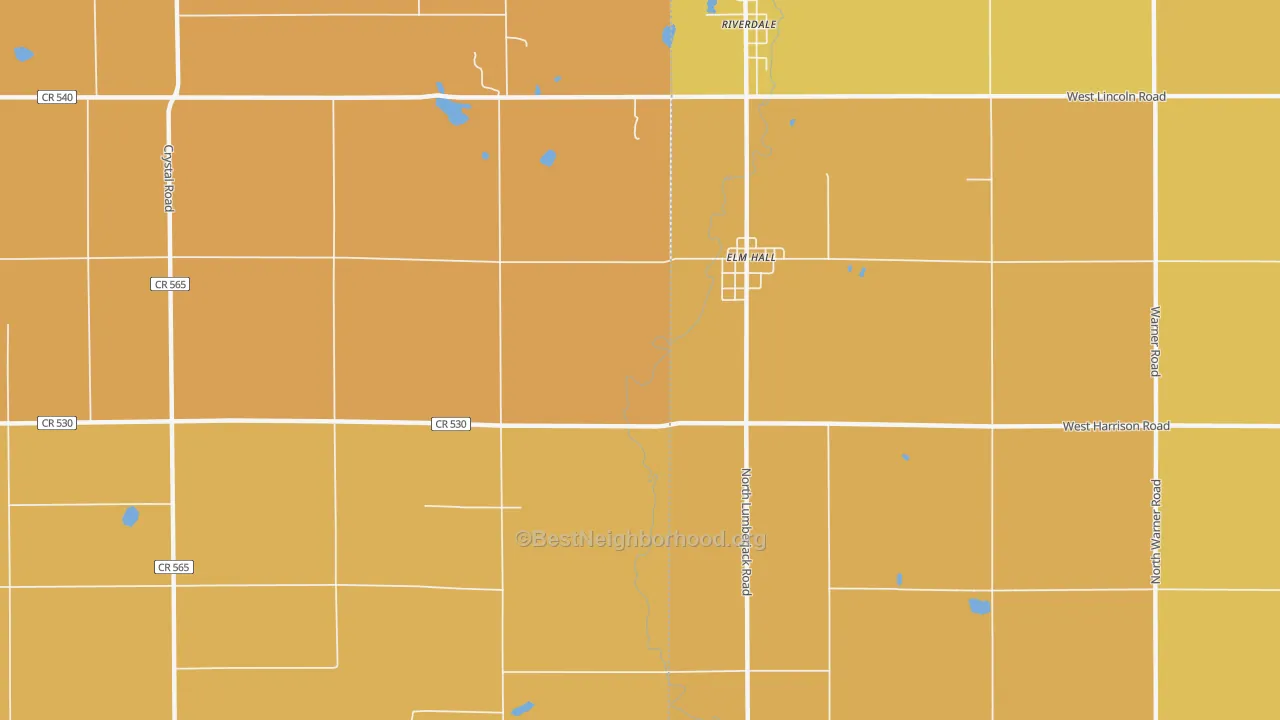 Map of the best neighborhoods in the Elm Hall area, with better matches in green and worse matches in red