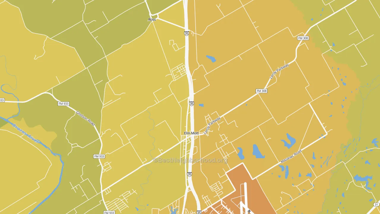 Map of the best neighborhoods in the Elm Mott area, with better matches in green and worse matches in red