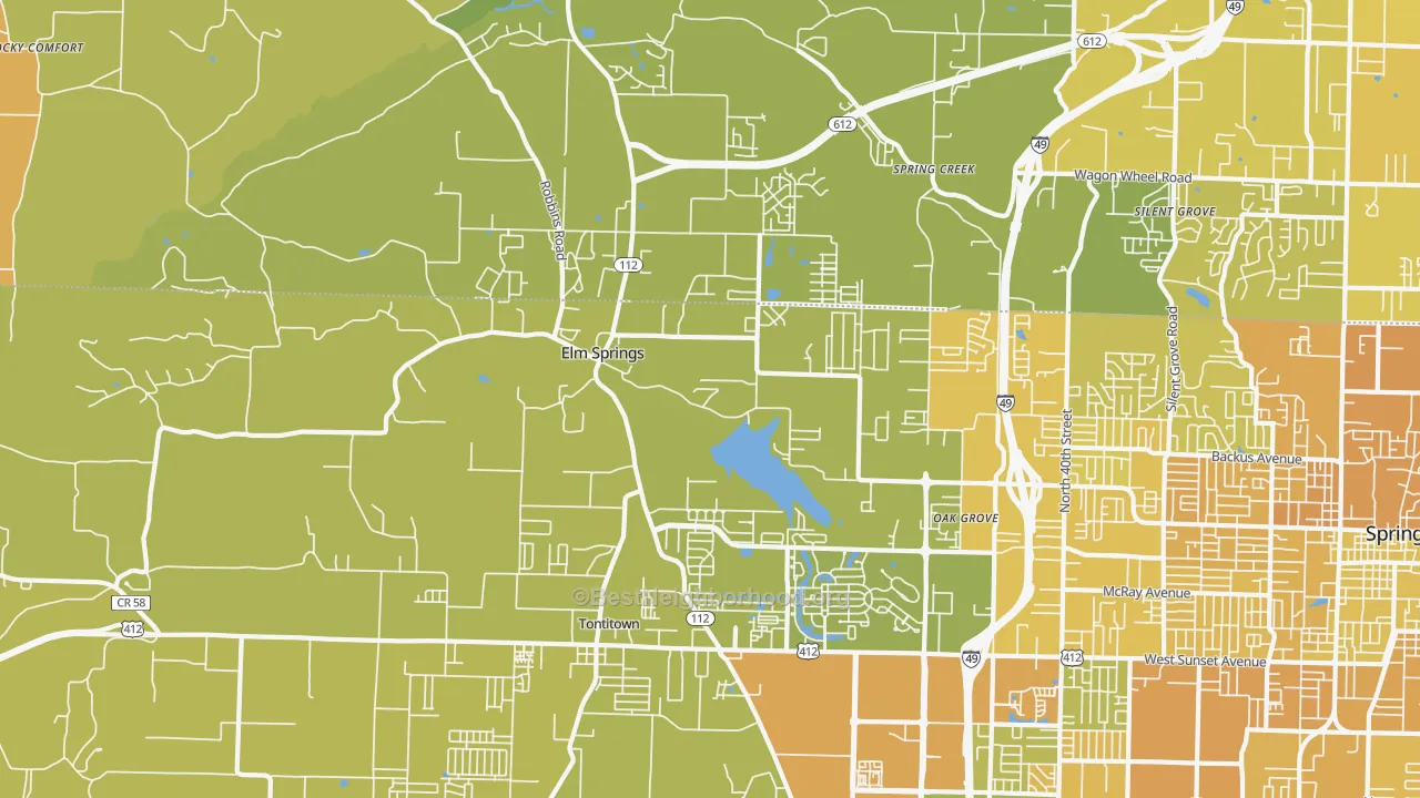 Map of the best neighborhoods in the Elm Springs area, with better matches in green and worse matches in red