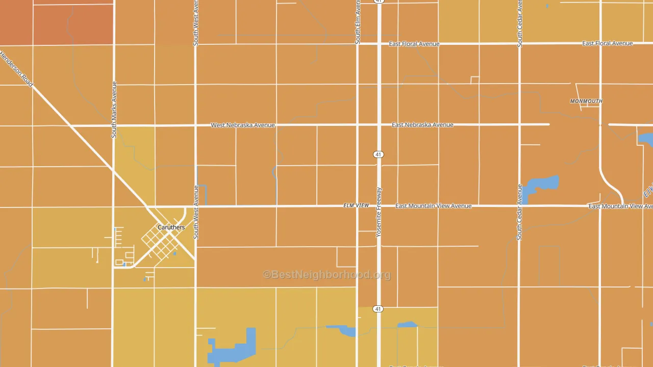 Map of the best neighborhoods in the Elm View area, with better matches in green and worse matches in red