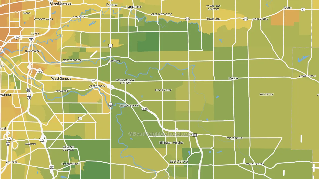 Map of the best neighborhoods in the Elma area, with better matches in green and worse matches in red