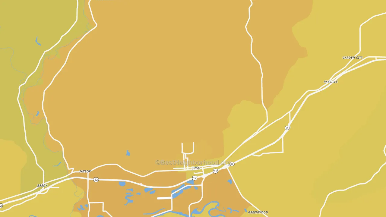 Map of the best neighborhoods in the Elma area, with better matches in green and worse matches in red