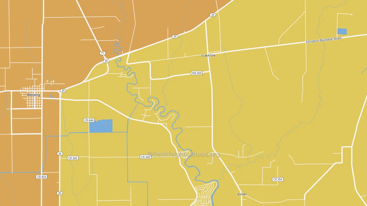 Map of the best neighborhoods in the Elmaton area, with better matches in green and worse matches in red
