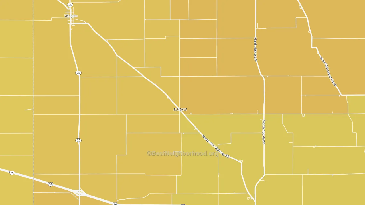 Map of the best neighborhoods in the Elmdale area, with better matches in green and worse matches in red