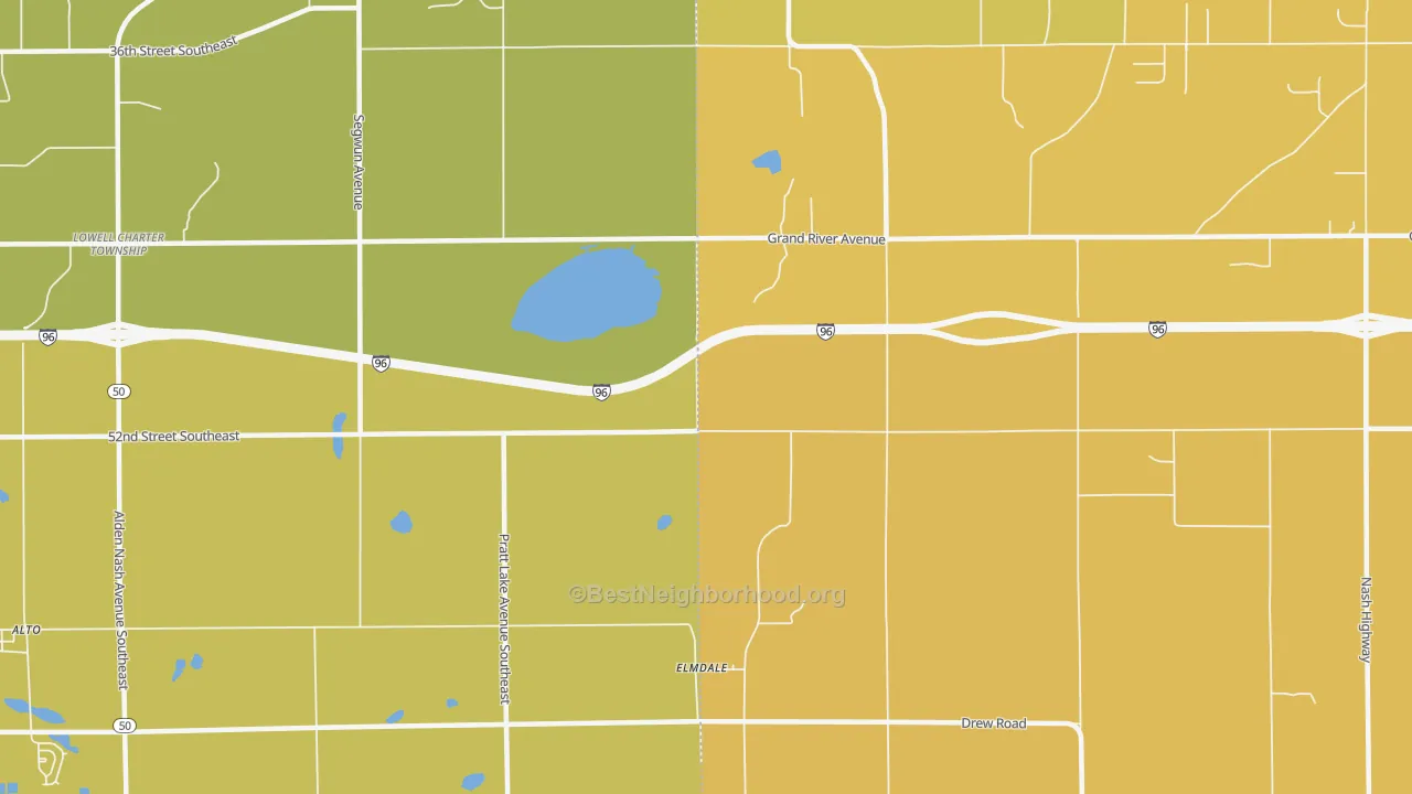 Map of the best neighborhoods in the Elmdale area, with better matches in green and worse matches in red