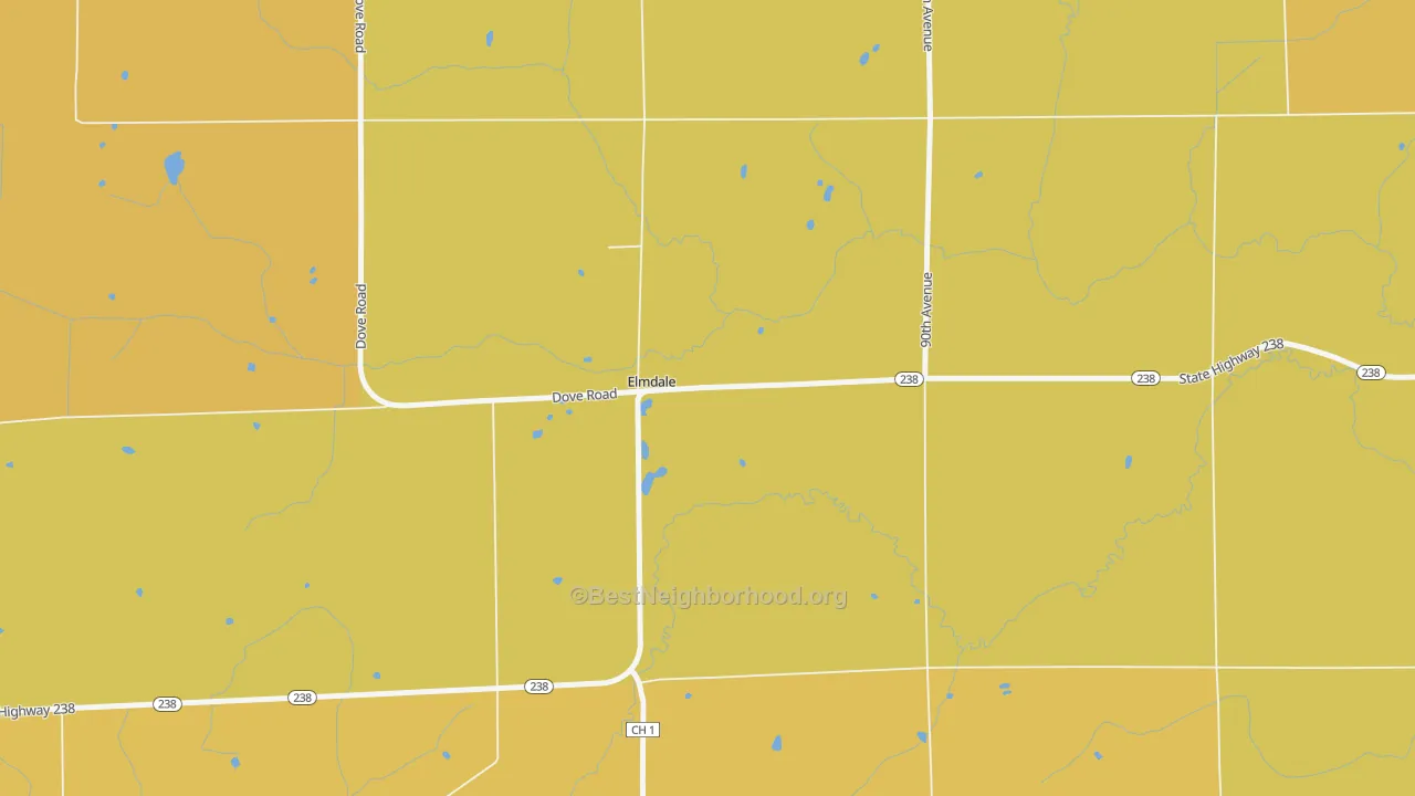 Map of the best neighborhoods in the Elmdale area, with better matches in green and worse matches in red