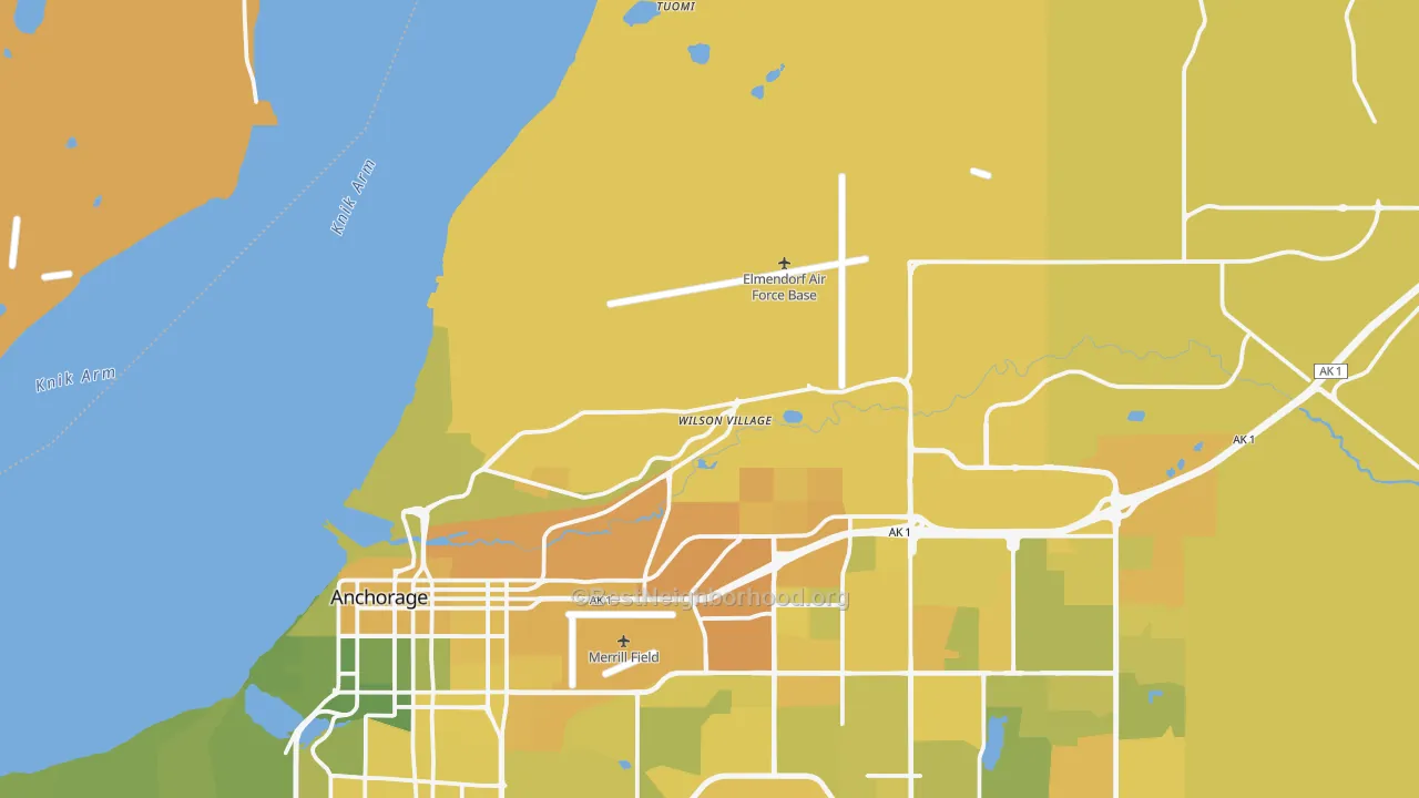 Map of the best neighborhoods in the Elmendorf Afb area, with better matches in green and worse matches in red