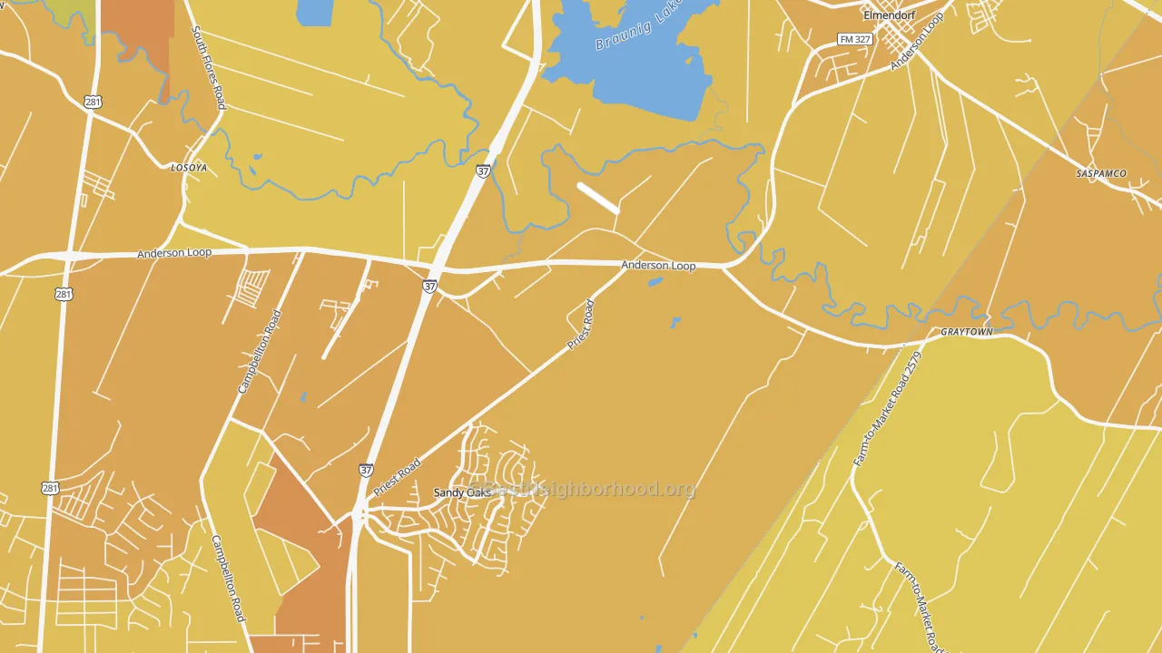 Map of the best neighborhoods in the Elmendorf area, with better matches in green and worse matches in red