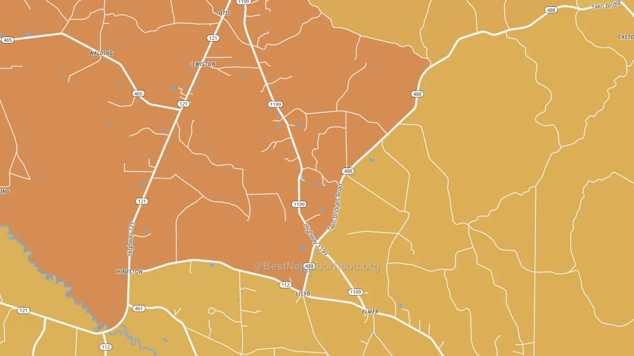 Map of the best neighborhoods in the Elmer area, with better matches in green and worse matches in red