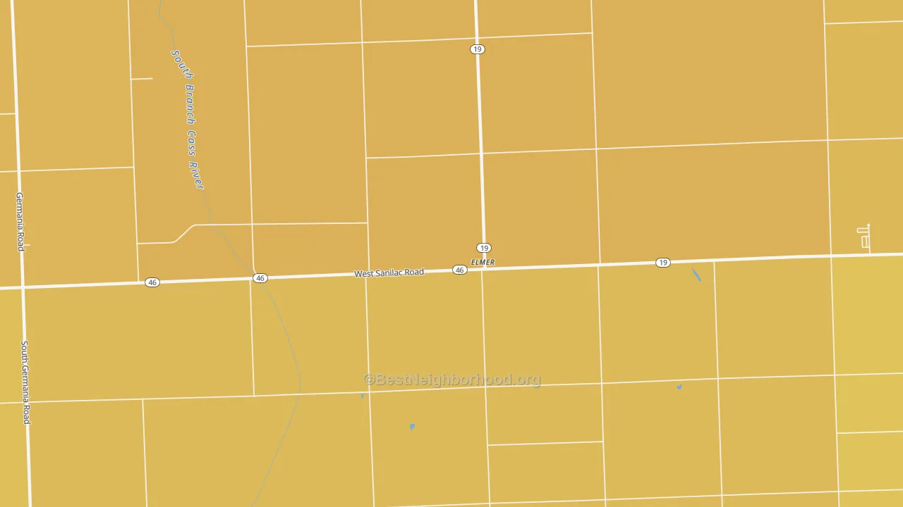 Map of the best neighborhoods in the Elmer area, with better matches in green and worse matches in red
