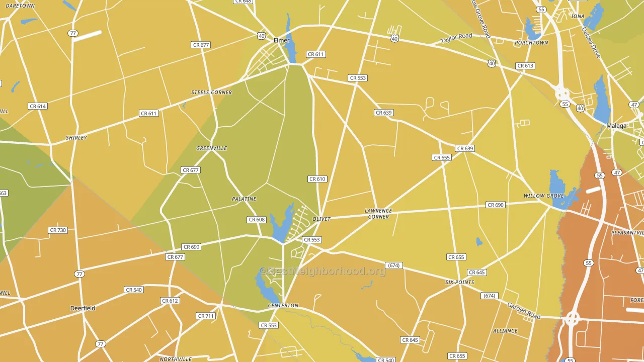 Map of the best neighborhoods in the Elmer area, with better matches in green and worse matches in red
