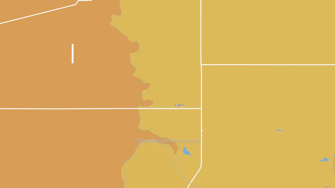 Map of the best neighborhoods in the Elmer area, with better matches in green and worse matches in red