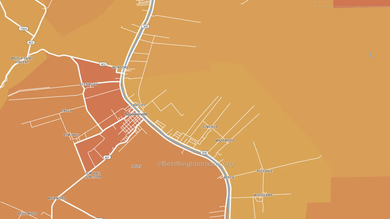 Map of the best neighborhoods in the Elmfield area, with better matches in green and worse matches in red