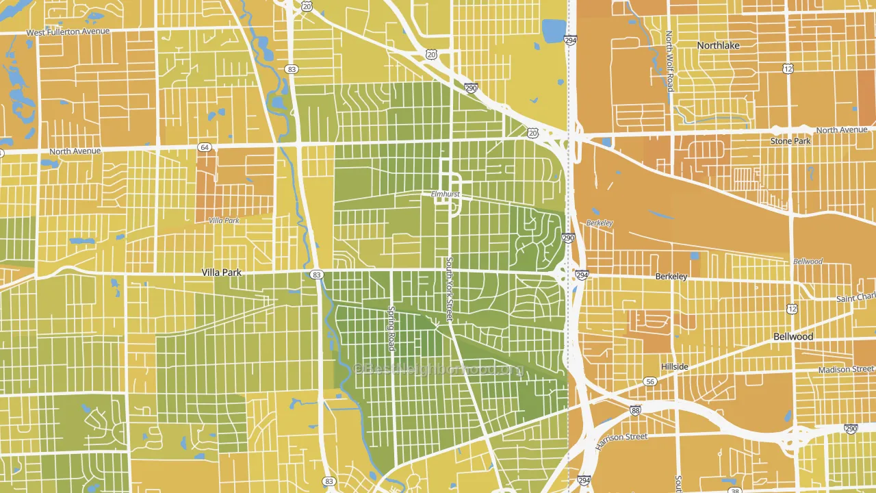 Map of the best neighborhoods in the Elmhurst area, with better matches in green and worse matches in red